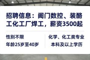 招聘信息：阀门厂数控、装配工，化工厂焊工，薪资3500起