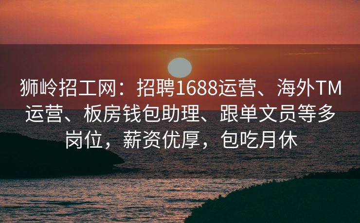 狮岭招工网：招聘1688运营、海外TM运营、板房钱包助理、跟单文员等多岗位，薪资优厚，包吃月休